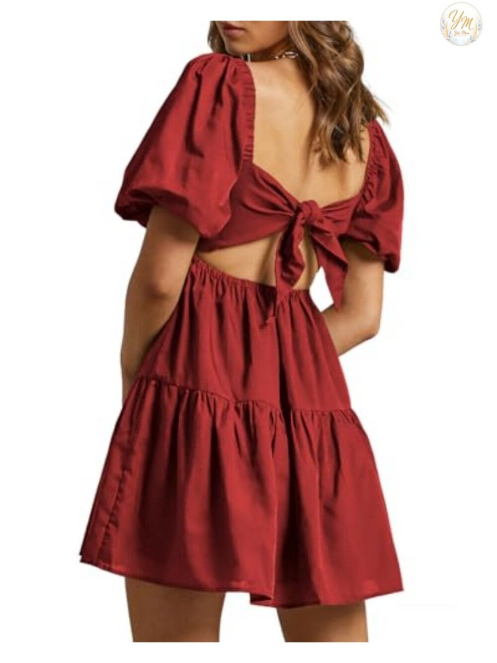 Cotton Babydoll Mini Dress Tie-Back Lantern Sleeve Casual Summer